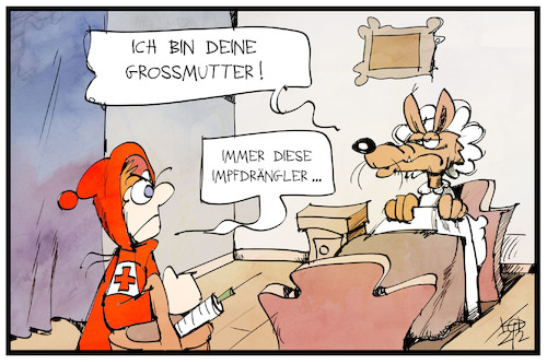 Cartoon: Impfdrängler (medium) by Kostas Koufogiorgos tagged karikatur,koufogiorgos,illustration,cartoon,impfdrängler,rotkäppchen,wolf,großmutter,grimm,märchen,corona,impfung,impfreihenfolge,betrug,pandemie,karikatur,koufogiorgos,illustration,cartoon,impfdrängler,rotkäppchen,wolf,großmutter,grimm,märchen,corona,impfung,impfreihenfolge,betrug,pandemie