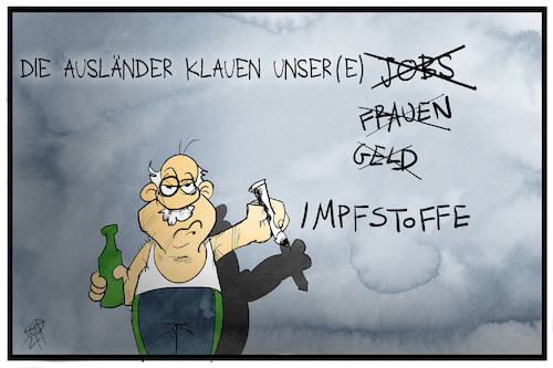 Cartoon: Impfstoff-Mangel (medium) by Kostas Koufogiorgos tagged karikatur,koufogiorgos,illustration,cartoon,covid,corona,impfung,impfstoff,spritze,ausländer,rassismus,diskriminierung,karikatur,koufogiorgos,illustration,cartoon,covid,corona,impfung,impfstoff,spritze,ausländer,rassismus,diskriminierung