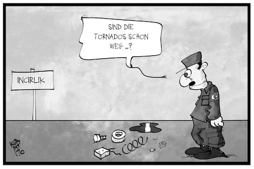 Cartoon: Incirlik (medium) by Kostas Koufogiorgos tagged karikatur,koufogiorgos,illustration,cartoon,incirlik,soldat,tornado,tuerkei,bundeswehr,rüstungspanne,flugzeug,abzug,nato,militär,karikatur,koufogiorgos,illustration,cartoon,incirlik,soldat,tornado,tuerkei,bundeswehr,rüstungspanne,flugzeug,abzug,nato,militär