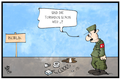 Cartoon: Incirlik (medium) by Kostas Koufogiorgos tagged karikatur,koufogiorgos,illustration,cartoon,incirlik,soldat,tornado,tuerkei,bundeswehr,rüstungspanne,flugzeug,abzug,nato,militär,karikatur,koufogiorgos,illustration,cartoon,incirlik,soldat,tornado,tuerkei,bundeswehr,rüstungspanne,flugzeug,abzug,nato,militär