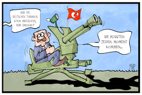 Cartoon: Incirlik (medium) by Kostas Koufogiorgos tagged karikatur,koufogiorgos,illustration,cartoon,incirlik,tuerkei,erdogan,bundeswehr,waffe,abschuss,abwehrrakete,nato,stützpunkt,tornado,rüstung,karikatur,koufogiorgos,illustration,cartoon,incirlik,tuerkei,erdogan,bundeswehr,waffe,abschuss,abwehrrakete,nato,stützpunkt,tornado,rüstung