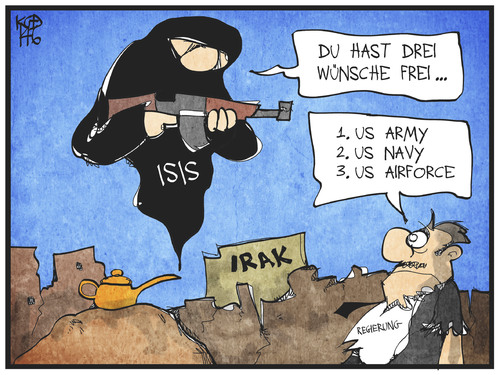 Cartoon: Irak (medium) by Kostas Koufogiorgos tagged karikatur,koufogiorgos,illustration,cartoon,irak,usa,navy,army,airforce,armee,militär,krieg,konflikt,aladin,wunderlampe,geist,isis,terrorismus,wunsch,regierung,politik,karikatur,koufogiorgos,illustration,cartoon,irak,usa,navy,army,airforce,armee,militär,krieg,konflikt,aladin,wunderlampe,geist,isis,terrorismus,wunsch,regierung,politik