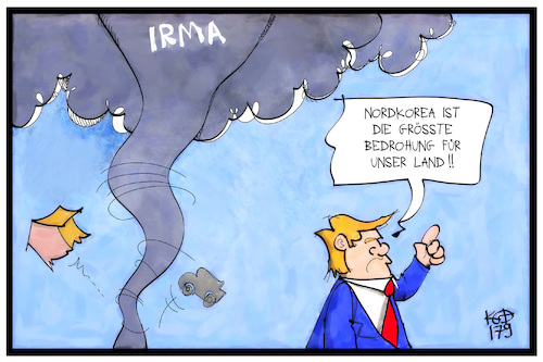 Cartoon: Irma (medium) by Kostas Koufogiorgos tagged karikatur,koufogiorgos,illustration,cartoon,irma,usa,trump,kim,jong,un,nordkorea,hurrikan,sturm,unwetter,bedrohung,karikatur,koufogiorgos,illustration,cartoon,irma,usa,trump,kim,jong,un,nordkorea,hurrikan,sturm,unwetter,bedrohung