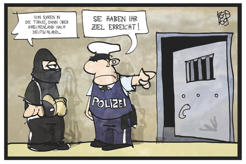 Cartoon: IS-Terroristen in Deutschland (medium) by Kostas Koufogiorgos tagged karikatur,koufogiorgos,illustration,cartoon,deutschland,is,isis,terrorist,terroristen,polizei,justiz,gefängnis,festnahme,verhaftung,ziel,reise,islamismus,fanatismus,extremismus,karikatur,koufogiorgos,illustration,cartoon,deutschland,is,isis,terrorist,terroristen,polizei,justiz,gefängnis,festnahme,verhaftung,ziel,reise,islamismus,fanatismus,extremismus