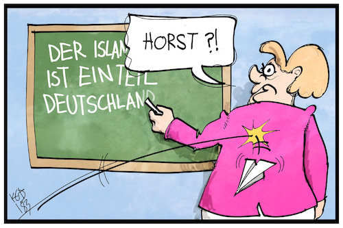 Cartoon: Islam in Deutschland (medium) by Kostas Koufogiorgos tagged karikatur,koufogiorgos,illustration,cartoon,regierungserklärung,merkel,lehrerin,tafel,seehofer,störung,religion,integration,muslime,bundeskanzlerin,karikatur,koufogiorgos,illustration,cartoon,regierungserklärung,merkel,lehrerin,tafel,seehofer,störung,religion,integration,muslime,bundeskanzlerin