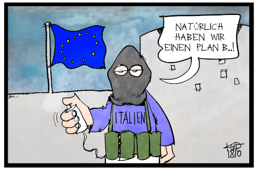 Cartoon: Italiens Plan B (medium) by Kostas Koufogiorgos tagged karikatur,koufogiorgos,illustration,cartoon,italien,plan,terrorist,schulden,haushalt,eu,europa,karikatur,koufogiorgos,illustration,cartoon,italien,plan,terrorist,schulden,haushalt,eu,europa