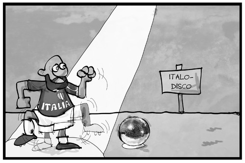 Cartoon: Italo-Disco 2016 (medium) by Kostas Koufogiorgos tagged karikatur,koufogiorgos,cartoon,illustration,italien,fussball,em,europameisterschaft,tor,zaza,elfmeterschiessen,strafstoss,tanz,trippeln,disco,discokugel,italo,trend,tanzen,musik,stil,karikatur,koufogiorgos,cartoon,illustration,italien,fussball,em,europameisterschaft,tor,zaza,elfmeterschiessen,strafstoss,tanz,trippeln,disco,discokugel,italo,trend,tanzen,musik,stil