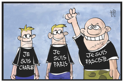 Cartoon: Je suis fasciste (medium) by Kostas Koufogiorgos tagged karikatur,koufogiorgos,illustration,cartoon,frankreich,charlie,paris,terrorismus,faschismus,rechtsruck,demokratie,front,national,regionalwahl,rechtsextremismus,politik,karikatur,koufogiorgos,illustration,cartoon,frankreich,charlie,paris,terrorismus,faschismus,rechtsruck,demokratie,front,national,regionalwahl,rechtsextremismus,politik