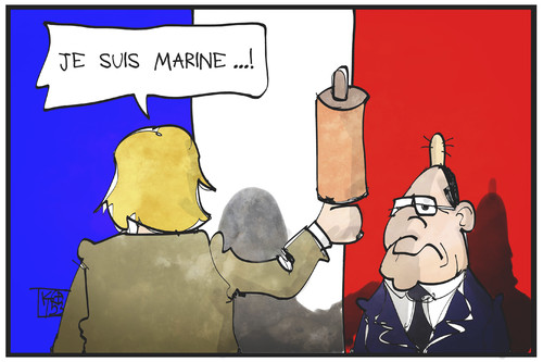 Cartoon: Je suis Marine (medium) by Kostas Koufogiorgos tagged karikatur,koufogiorgos,cartoon,illustration,hollande,marine,le,pen,frankreich,streit,schlag,nudelholz,politiker,front,national,wahl,kommunalwahl,politik,karikatur,koufogiorgos,cartoon,illustration,hollande,marine,le,pen,frankreich,streit,schlag,nudelholz,politiker,front,national,wahl,kommunalwahl,politik