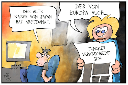 Cartoon: Juncker dankt ab (medium) by Kostas Koufogiorgos tagged karikatur,koufogiorgos,illustration,cartoon,juncker,kaiser,europa,japan,naruhito,eu,kommissionspräsident,zeitung,nachrichten,karikatur,koufogiorgos,illustration,cartoon,juncker,kaiser,europa,japan,naruhito,eu,kommissionspräsident,zeitung,nachrichten