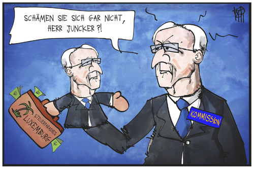 Cartoon: Juncker vs. Juncker (medium) by Kostas Koufogiorgos tagged karikatur,koufogiorgos,illustration,cartoon,juncker,handpuppe,eu,kommission,luxemburg,steuerparadies,schwarzgeld,ermittlung,wirtschaft,karikatur,koufogiorgos,illustration,cartoon,juncker,handpuppe,eu,kommission,luxemburg,steuerparadies,schwarzgeld,ermittlung,wirtschaft