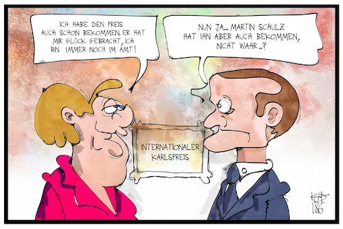 Cartoon: Karlspreis für Macron (medium) by Kostas Koufogiorgos tagged karikatur,koufogiorgos,illustration,cartoon,macron,karlspreis,schulz,merkel,europa,auszeichnung,medaille,aachen,karikatur,koufogiorgos,illustration,cartoon,macron,karlspreis,schulz,merkel,europa,auszeichnung,medaille,aachen