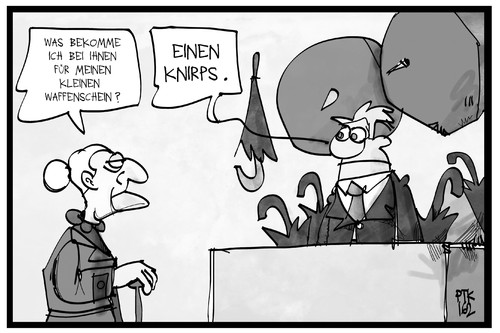 Cartoon: Kleiner Waffenschein (medium) by Kostas Koufogiorgos tagged karikatur,koufogiorgos,illustration,cartoon,waffenschein,waffe,regenschirm,knirps,verteidigung,geschäft,laden,einzelhandel,kunde,verkäufer,karikatur,koufogiorgos,illustration,cartoon,waffenschein,waffe,regenschirm,knirps,verteidigung,geschäft,laden,einzelhandel,kunde,verkäufer