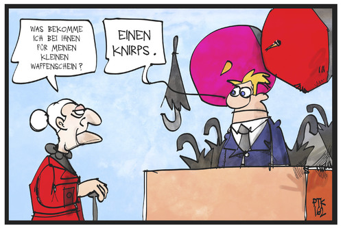 Cartoon: Kleiner Waffenschein (medium) by Kostas Koufogiorgos tagged karikatur,koufogiorgos,illustration,cartoon,waffenschein,waffe,regenschirm,knirps,verteidigung,geschäft,laden,einzelhandel,kunde,verkäufer,karikatur,koufogiorgos,illustration,cartoon,waffenschein,waffe,regenschirm,knirps,verteidigung,geschäft,laden,einzelhandel,kunde,verkäufer