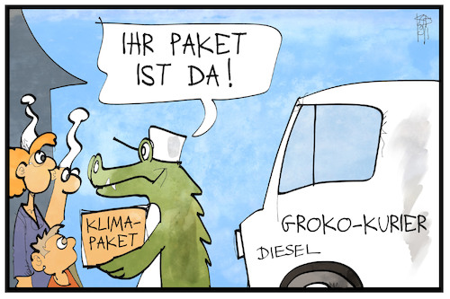 Cartoon: Klimapaket-Lieferung (medium) by Kostas Koufogiorgos tagged karikatur,koufogiorgos,illustration,cartoon,klimapaket,groko,grokodil,lieferung,diesel,paket,bote,michel,umwelt,gesetz,klimaschutzgesetz,karikatur,koufogiorgos,illustration,cartoon,klimapaket,groko,grokodil,lieferung,diesel,paket,bote,michel,umwelt,gesetz,klimaschutzgesetz