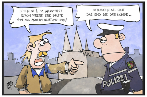 Cartoon: Köln (medium) by Kostas Koufogiorgos tagged karikatur,koufogiorgos,illustration,cartoon,dreikoenigstag,feiertag,araber,ausländer,koeln,polizist,populismus,polizei,aufschrei,karikatur,koufogiorgos,illustration,cartoon,dreikoenigstag,feiertag,araber,ausländer,koeln,polizist,populismus,polizei,aufschrei