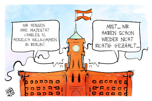 Cartoon: König Charles in Deutschland (medium) by Kostas Koufogiorgos tagged karikatur,koufogiorgos,berlin,charles,könig,zahl,verzählen,rathaus,karikatur,koufogiorgos,berlin,charles,könig,zahl,verzählen,rathaus