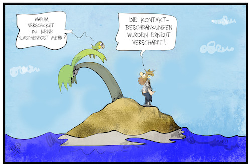 Cartoon: Kontaktbeschränkungen (medium) by Kostas Koufogiorgos tagged karikatur,koufogiorgos,illustration,cartoon,kontakt,beschränkung,minimierung,corona,insel,castaway,gestrandet,flaschenpost,karikatur,koufogiorgos,illustration,cartoon,kontakt,beschränkung,minimierung,corona,insel,castaway,gestrandet,flaschenpost