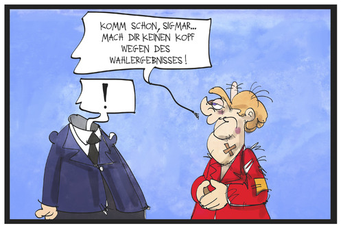 Cartoon: Kopflose SPD (medium) by Kostas Koufogiorgos tagged karikatur,koufogiorgos,illustration,cartoon,merkel,gabriel,wahlergebnis,angeschlagen,kopf,kopflos,cdu,spd,volkspartei,politik,karikatur,koufogiorgos,illustration,cartoon,merkel,gabriel,wahlergebnis,angeschlagen,kopf,kopflos,cdu,spd,volkspartei,politik