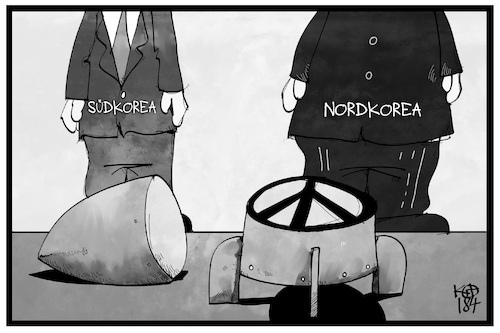 Cartoon: Korea-Gipfel (medium) by Kostas Koufogiorgos tagged karikatur,koufogiorgos,illustration,cartoon,südkorea,nordkorea,frieden,waffen,rakete,beziehung,krieg,konflikt,zeichen,symbol,peace,karikatur,koufogiorgos,illustration,cartoon,südkorea,nordkorea,frieden,waffen,rakete,beziehung,krieg,konflikt,zeichen,symbol,peace