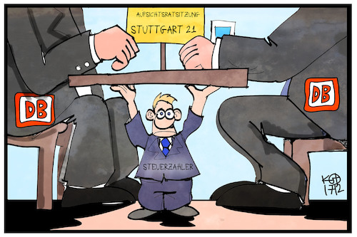 Cartoon: Kosten Stuttgart 21 (medium) by Kostas Koufogiorgos tagged karikatur,koufogiorgos,illustration,cartoon,bahn,aufsichtsratsitzung,steuerzahler,kosten,stuttgart,21,grossprojekt,db,last,karikatur,koufogiorgos,illustration,cartoon,bahn,aufsichtsratsitzung,steuerzahler,kosten,stuttgart,21,grossprojekt,db,last