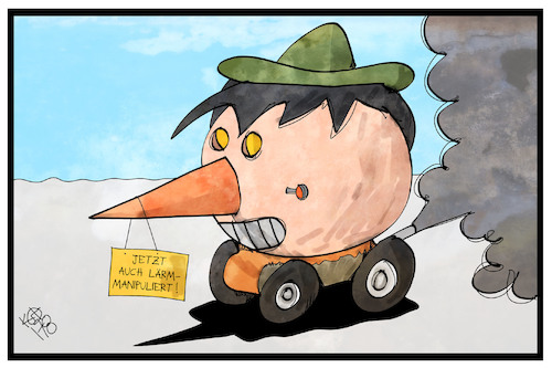 Cartoon: Lärm-Manipulation (medium) by Kostas Koufogiorgos tagged karikatur,koufogiorgos,illustration,cartoon,lärm,emission,auto,autobauer,pinocchio,werte,betrug,wirtschaft,karikatur,koufogiorgos,illustration,cartoon,lärm,emission,auto,autobauer,pinocchio,werte,betrug,wirtschaft