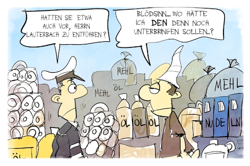 Cartoon: Lauterbach-Entführung (medium) by Kostas Koufogiorgos tagged karikatur,koufogiorgos,entführung,lauterbach,prepper,aluhut,polizei,terrorismus,karikatur,koufogiorgos,entführung,lauterbach,prepper,aluhut,polizei,terrorismus