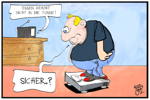 Cartoon: Lebensmittelverschwendung (medium) by Kostas Koufogiorgos tagged karikatur,koufogiorgos,illustration,cartoon,kabinett,lebensmittel,verschwendung,dick,fettleibigkeit,waage,gewicht,essen,diät,karikatur,koufogiorgos,illustration,cartoon,kabinett,lebensmittel,verschwendung,dick,fettleibigkeit,waage,gewicht,essen,diät