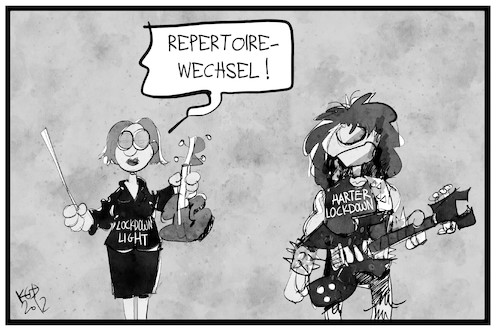 Cartoon: Lockdown-Repertoire (medium) by Kostas Koufogiorgos tagged karikatur,koufogiorgos,illustration,cartoon,corona,lockdown,light,hart,hardrock,heavy,metal,gitarre,geige,orchester,musik,massnahmen,pandemie,karikatur,koufogiorgos,illustration,cartoon,corona,lockdown,light,hart,hardrock,heavy,metal,gitarre,geige,orchester,musik,massnahmen,pandemie