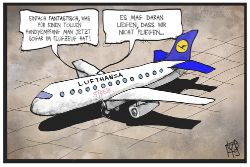 Cartoon: Lufthansa-Streik (medium) by Kostas Koufogiorgos tagged karikatur,koufogiorgos,illustration,cartoon,lufthansa,flugzeug,handy,handynutzung,empfang,streik,piloten,cockpit,arbeitskampf,fliegen,karikatur,koufogiorgos,illustration,cartoon,lufthansa,flugzeug,handy,handynutzung,empfang,streik,piloten,cockpit,arbeitskampf,fliegen