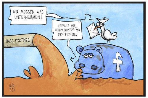 Cartoon: Maas und Facebook (medium) by Kostas Koufogiorgos tagged karikatur,koufogiorgos,illustration,cartoon,facebook,maas,nilpferd,vogel,hass,hassposting,hatespeech,soziale,medien,netzwerk,karikatur,koufogiorgos,illustration,cartoon,facebook,maas,nilpferd,vogel,hass,hassposting,hatespeech,soziale,medien,netzwerk