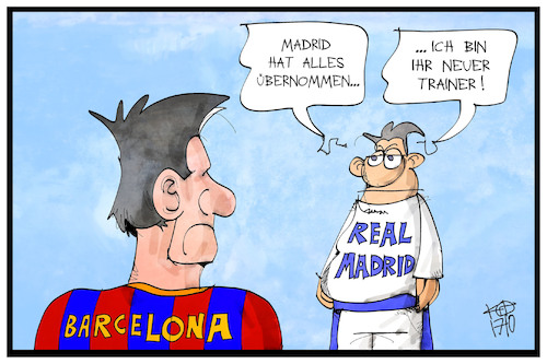 Cartoon: Madrid übernimmt (medium) by Kostas Koufogiorgos tagged karikatur,koufogiorgos,cartoon,illustration,madrid,barcelona,trainer,fussball,club,messi,clasico,katalonien,unabhängigkeit,separatismus,europa,karikatur,koufogiorgos,cartoon,illustration,madrid,barcelona,trainer,fussball,club,messi,clasico,katalonien,unabhängigkeit,separatismus,europa