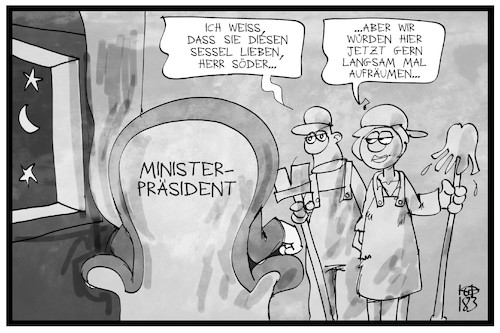 Cartoon: Markus Söder (medium) by Kostas Koufogiorgos tagged karikatur,koufogiorgos,illustration,cartoon,bayern,soeder,ministerpräsident,stuhl,putzkolonne,amt,sessel,politik,csu,karikatur,koufogiorgos,illustration,cartoon,bayern,soeder,ministerpräsident,stuhl,putzkolonne,amt,sessel,politik,csu