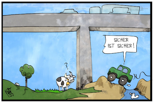 Cartoon: Marode Brücken (medium) by Kostas Koufogiorgos tagged karikatur,koufogiorgos,illustration,cartoon,brücke,sicherheit,autobahn,strasse,infrastruktur,auto,verkehr,karikatur,koufogiorgos,illustration,cartoon,brücke,sicherheit,autobahn,strasse,infrastruktur,auto,verkehr