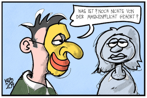 Cartoon: Maskenpflicht (medium) by Kostas Koufogiorgos tagged karikatur,koufogiorgos,illustration,cartoon,maskenpflicht,karneval,fasching,verkleidung,mundschutz,gesundheit,corona,prävention,regel,verhalten,virus,karikatur,koufogiorgos,illustration,cartoon,maskenpflicht,karneval,fasching,verkleidung,mundschutz,gesundheit,corona,prävention,regel,verhalten,virus