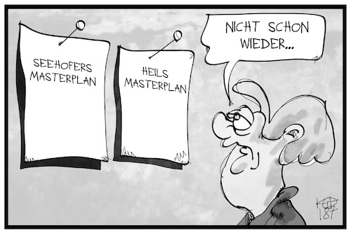 Cartoon: Masterpläne (medium) by Kostas Koufogiorgos tagged karikatur,koufogiorgos,illustration,cartoon,masterplan,rente,rentenpaket,merkel,seehofer,streit,konflikt,arbeitsminister,karikatur,koufogiorgos,illustration,cartoon,masterplan,rente,rentenpaket,merkel,seehofer,streit,konflikt,arbeitsminister