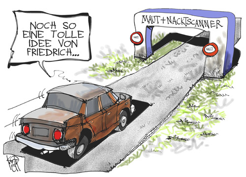 Cartoon: Maut-Nacktscanner (medium) by Kostas Koufogiorgos tagged friedrich,csu,innenminister,maut,nacktscanner,sicherheit,terrorismus,karikatur,koufogiorgos,friedrich,csu,innenminister,maut,nacktscanner,sicherheit,terrorismus,karikatur,koufogiorgos