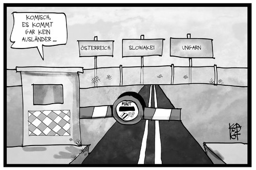 Cartoon: Maut für Ausländer (medium) by Kostas Koufogiorgos tagged karikatur,koufogiorgos,illustration,cartoon,auslaender,bayern,csu,maut,strasse,verkehr,ausland,grenze,schranke,geld,oesterreich,slowakei,ungarn,karikatur,koufogiorgos,illustration,cartoon,auslaender,bayern,csu,maut,strasse,verkehr,ausland,grenze,schranke,geld,oesterreich,slowakei,ungarn