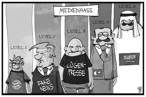 Cartoon: Medienhass (medium) by Kostas Koufogiorgos tagged karikatur,koufogiorgos,illustration,cartoon,level,stufen,medien,bayern,fussball,pressefreiheit,saudi,arabien,trump,lügenpresse,fake,news,hass,karikatur,koufogiorgos,illustration,cartoon,level,stufen,medien,bayern,fussball,pressefreiheit,saudi,arabien,trump,lügenpresse,fake,news,hass