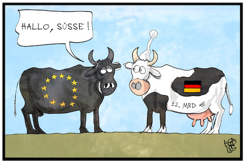 Cartoon: Mehr Geld für die EU (medium) by Kostas Koufogiorgos tagged karikatur,koufogiorgos,illustration,cartoon,eu,stier,geld,deutschland,michel,melkkuh,mitglied,europa,beitrag,karikatur,koufogiorgos,illustration,cartoon,eu,stier,geld,deutschland,michel,melkkuh,mitglied,europa,beitrag