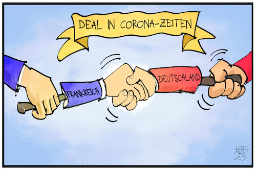 Cartoon: Merkel-Macron-Deal (medium) by Kostas Koufogiorgos tagged karikatur,koufogiorgos,illustration,cartoon,merkel,macron,deutschland,frankreich,shake,hands,abstand,corona,pandemie,rettungspaket,deal,hände,europa,eu,solidarität,karikatur,koufogiorgos,illustration,cartoon,merkel,macron,deutschland,frankreich,shake,hands,abstand,corona,pandemie,rettungspaket,deal,hände,europa,eu,solidarität