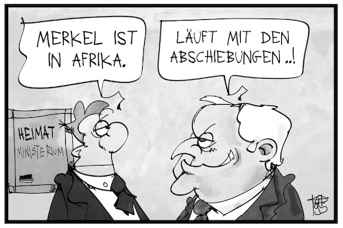 Cartoon: Merkel bereist Afrika (medium) by Kostas Koufogiorgos tagged karikatur,koufogiorgos,illustration,cartoon,merkel,afrika,seehofer,abschiebung,migration,zuwanderung,ausreise,staatsbesuch,karikatur,koufogiorgos,illustration,cartoon,merkel,afrika,seehofer,abschiebung,migration,zuwanderung,ausreise,staatsbesuch