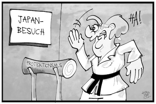 Cartoon: Merkel in Japan (medium) by Kostas Koufogiorgos tagged karikatur,koufogiorgos,illustration,cartoon,merkel,japan,kampf,protektionismus,freihandel,wirtschaft,karate,kampfsport,karikatur,koufogiorgos,illustration,cartoon,merkel,japan,kampf,protektionismus,freihandel,wirtschaft,karate,kampfsport