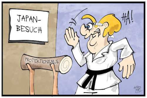 Cartoon: Merkel in Japan (medium) by Kostas Koufogiorgos tagged karikatur,koufogiorgos,illustration,cartoon,merkel,japan,kampf,protektionismus,freihandel,wirtschaft,karate,kampfsport,karikatur,koufogiorgos,illustration,cartoon,merkel,japan,kampf,protektionismus,freihandel,wirtschaft,karate,kampfsport