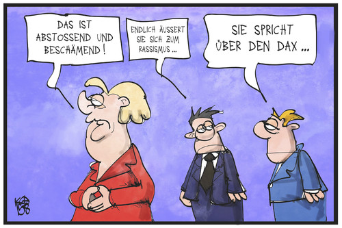 Cartoon: Merkel spricht (medium) by Kostas Koufogiorgos tagged karikatur,koufogiorgos,illustration,cartoon,merkel,spricht,schweigt,rassismus,börse,dax,wirtschaft,statement,bundeskanzlerin,politik,rechtsextremismus,karikatur,koufogiorgos,illustration,cartoon,merkel,spricht,schweigt,rassismus,börse,dax,wirtschaft,statement,bundeskanzlerin,politik,rechtsextremismus