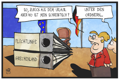 Cartoon: Merkels Arbeitsalltag (medium) by Kostas Koufogiorgos tagged karikatur,koufogiorgos,illustration,merkel,urlaub,arbeit,alltag,ordner,griechenland,flüchtlinge,büro,schreibtisch,arbeitspensum,politik,bundeskanzlerin,karikatur,koufogiorgos,illustration,merkel,urlaub,arbeit,alltag,ordner,griechenland,flüchtlinge,büro,schreibtisch,arbeitspensum,politik,bundeskanzlerin