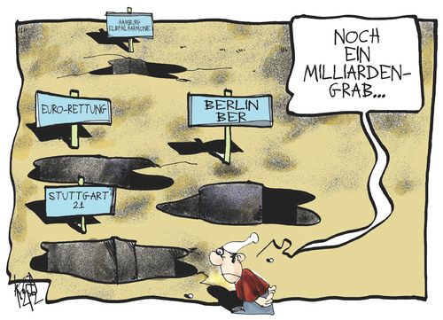 Cartoon: Milliardengräber (medium) by Kostas Koufogiorgos tagged berlin,ber,flughafen,stuttgart,21,bahnhof,griechenland,euro,schulden,krise,hamburg,elbphilharmonie,geld,kosten,bahn,michel,karikaturen,kostas,koufogiorgos,berlin,ber,flughafen,stuttgart,21,bahnhof,griechenland,euro,schulden,krise,hamburg,elbphilharmonie,geld,kosten,bahn,michel,karikaturen,kostas,koufogiorgos