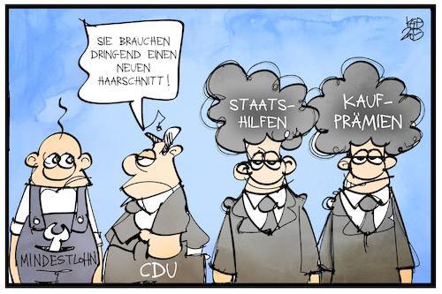 Cartoon: Mindestlohn (medium) by Kostas Koufogiorgos tagged karikatur,koufogiorgos,illustration,cartoon,cdu,csu,union,mindestlohn,schneiden,friseur,geld,wirtschaft,beruf,boni,staatshilfen,karikatur,koufogiorgos,illustration,cartoon,cdu,csu,union,mindestlohn,schneiden,friseur,geld,wirtschaft,beruf,boni,staatshilfen