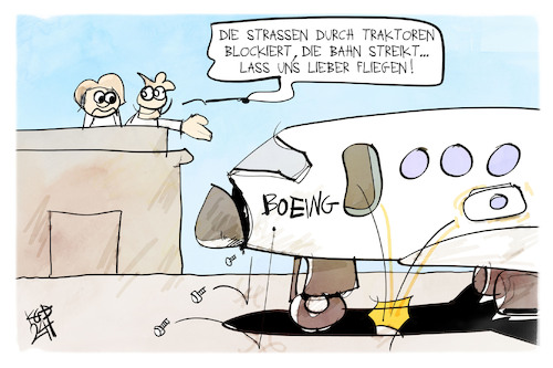 Cartoon: Mobilitätsprobleme (medium) by Kostas Koufogiorgos tagged karikatur,koufogiorgos,mobilitätsprobleme,boeing,bahn,streik,bauern,panne,karikatur,koufogiorgos,mobilitätsprobleme,boeing,bahn,streik,bauern,panne