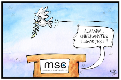 Cartoon: MSC (medium) by Kostas Koufogiorgos tagged karikatur,koufogiorgos,illustration,cartoon,msc,münchen,2019,frieden,friedenstaube,ufo,sicherheitskonferenz,tagung,karikatur,koufogiorgos,illustration,cartoon,msc,münchen,2019,frieden,friedenstaube,ufo,sicherheitskonferenz,tagung